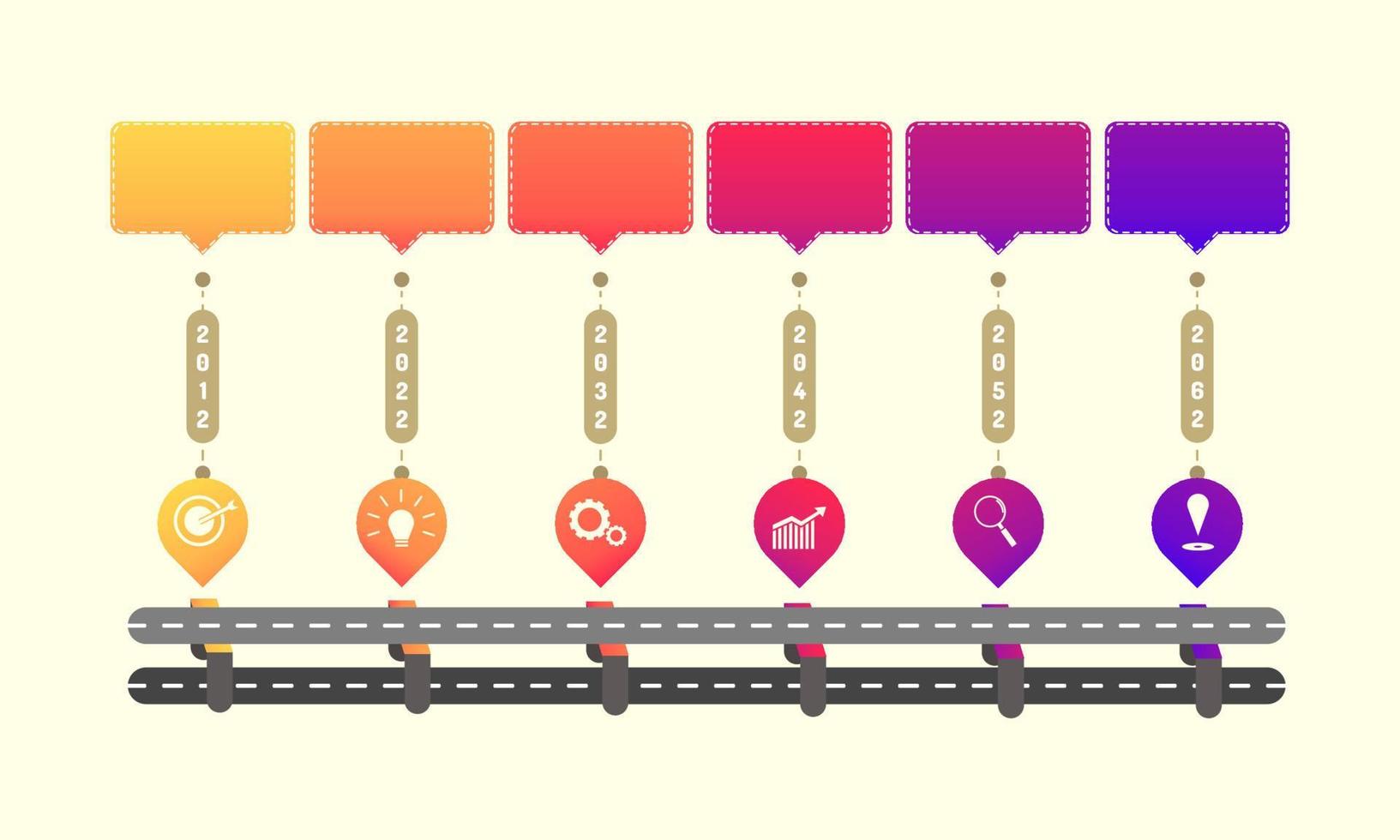 skyway roadmap timeline elements with markpoint graph think search gear target icons. vector illustration eps10