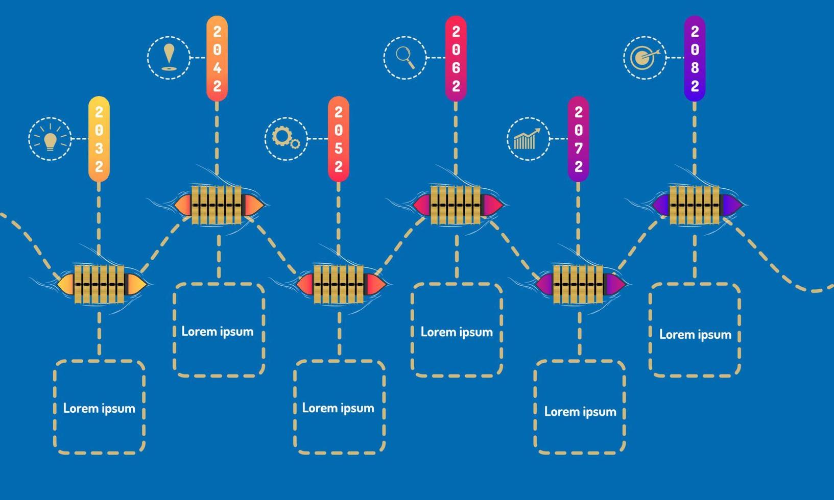 flight roadmap timeline elements with markpoint graph think search gear target icons. vector illustration eps10