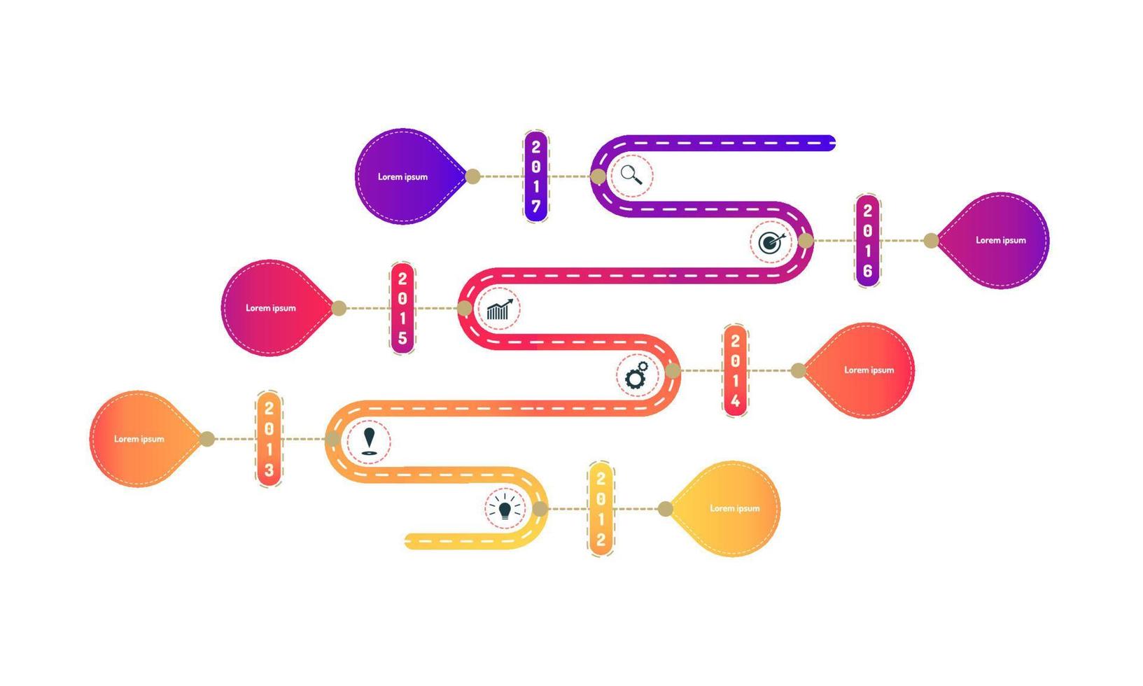 horizontal bevel way roadmap timeline elements with markpoint graph think search gear target icons. vector illustration eps10