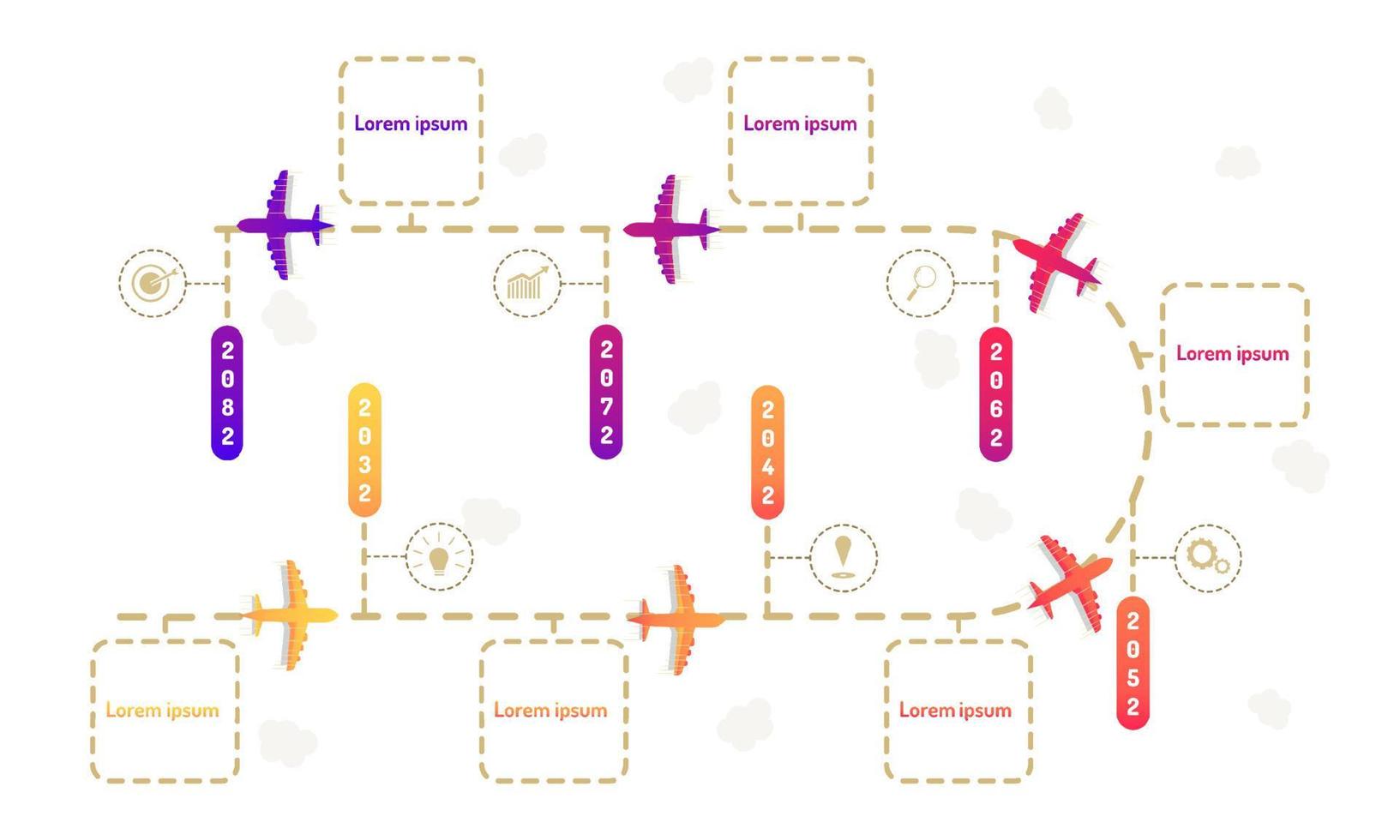 plane flying roadmap timeline elements with markpoint graph think search gear target icons. vector illustration eps10