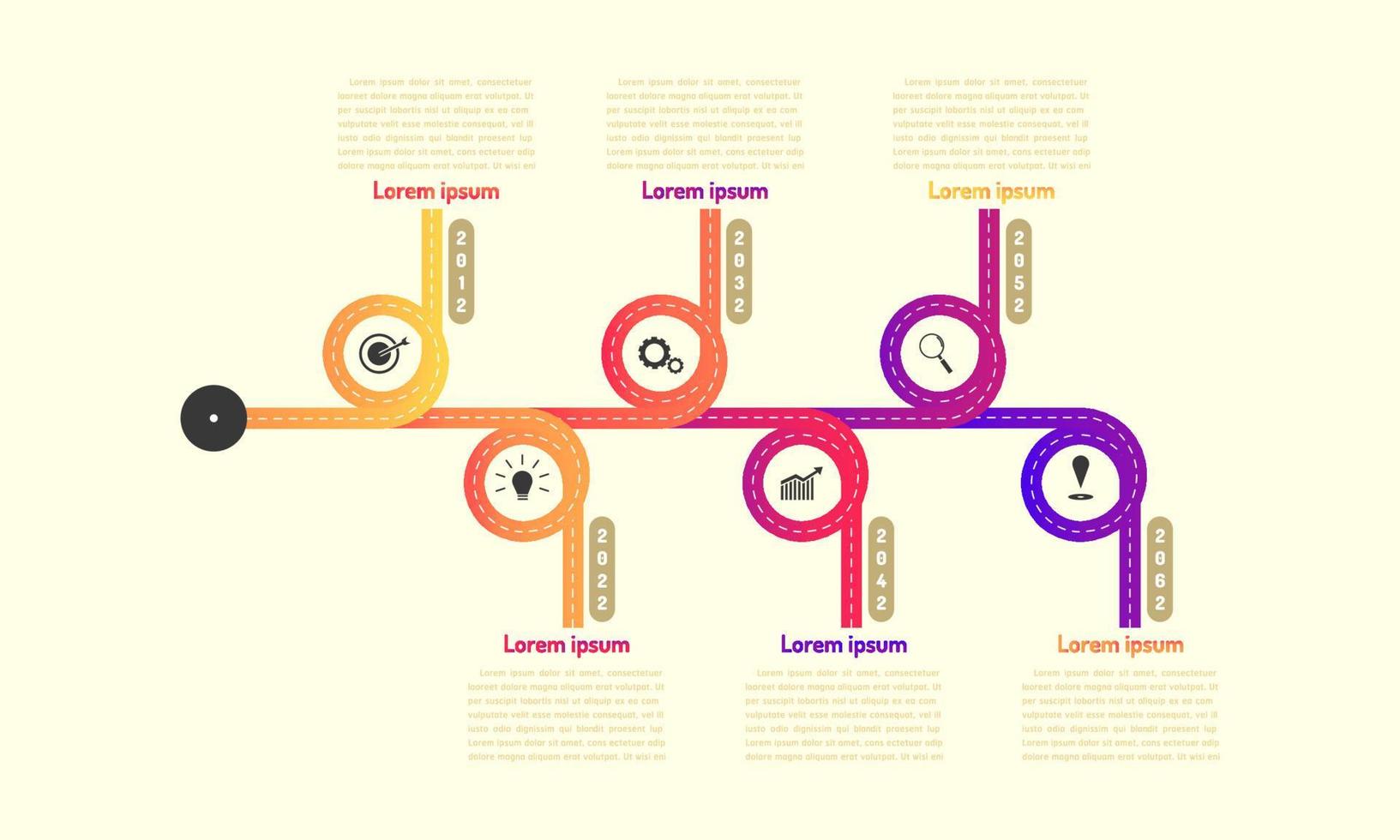 ring hightway roadmap timeline elements with markpoint graph think search gear target icons. vector illustration eps10