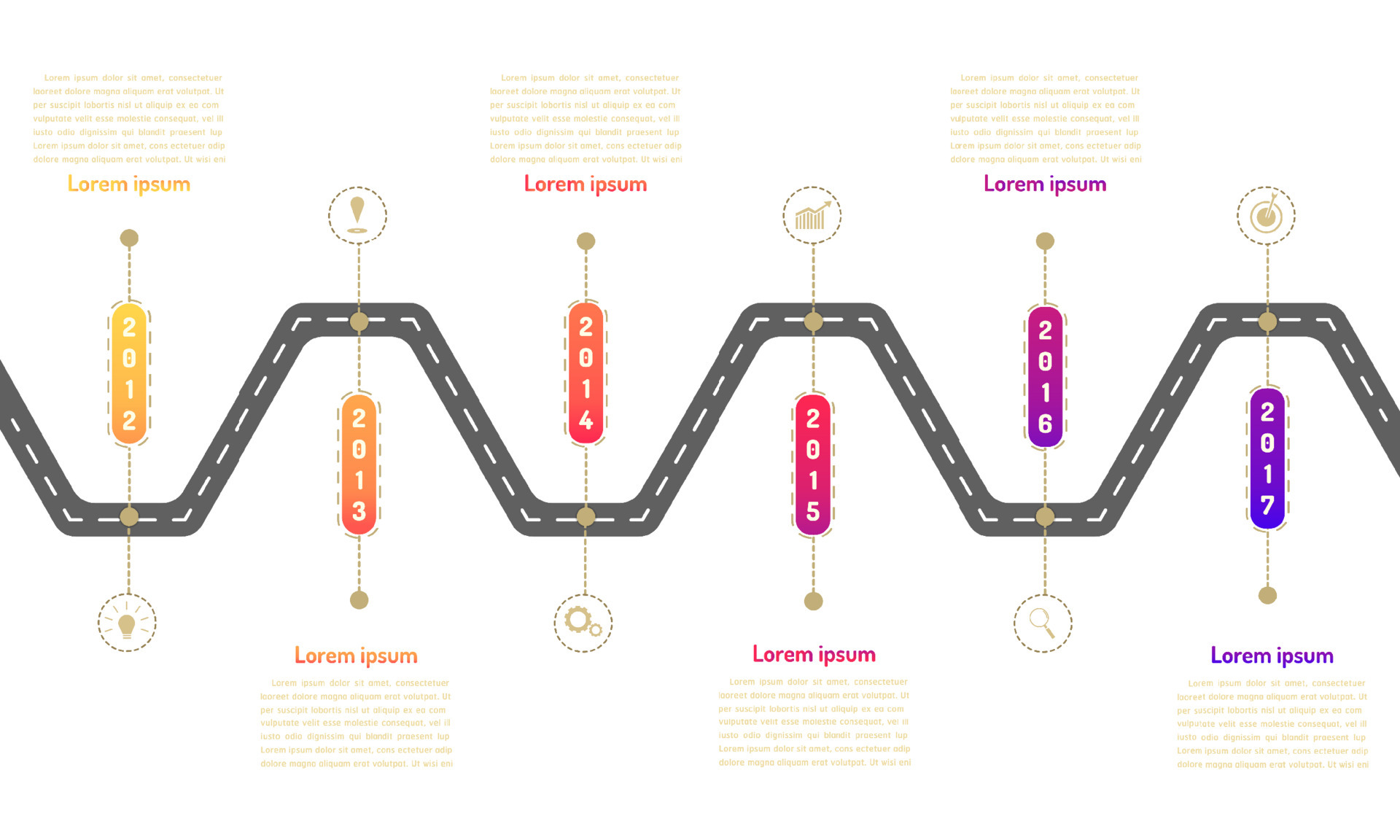 zig zag way roadmap timeline elements with markpoint graph think search