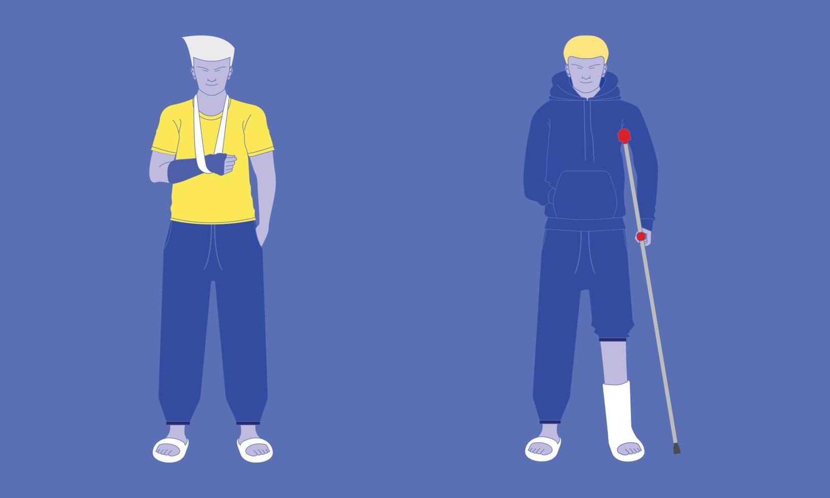 two men were involved in an accident, one with a broken arm, the other with a broken leg. vector illustration eps10