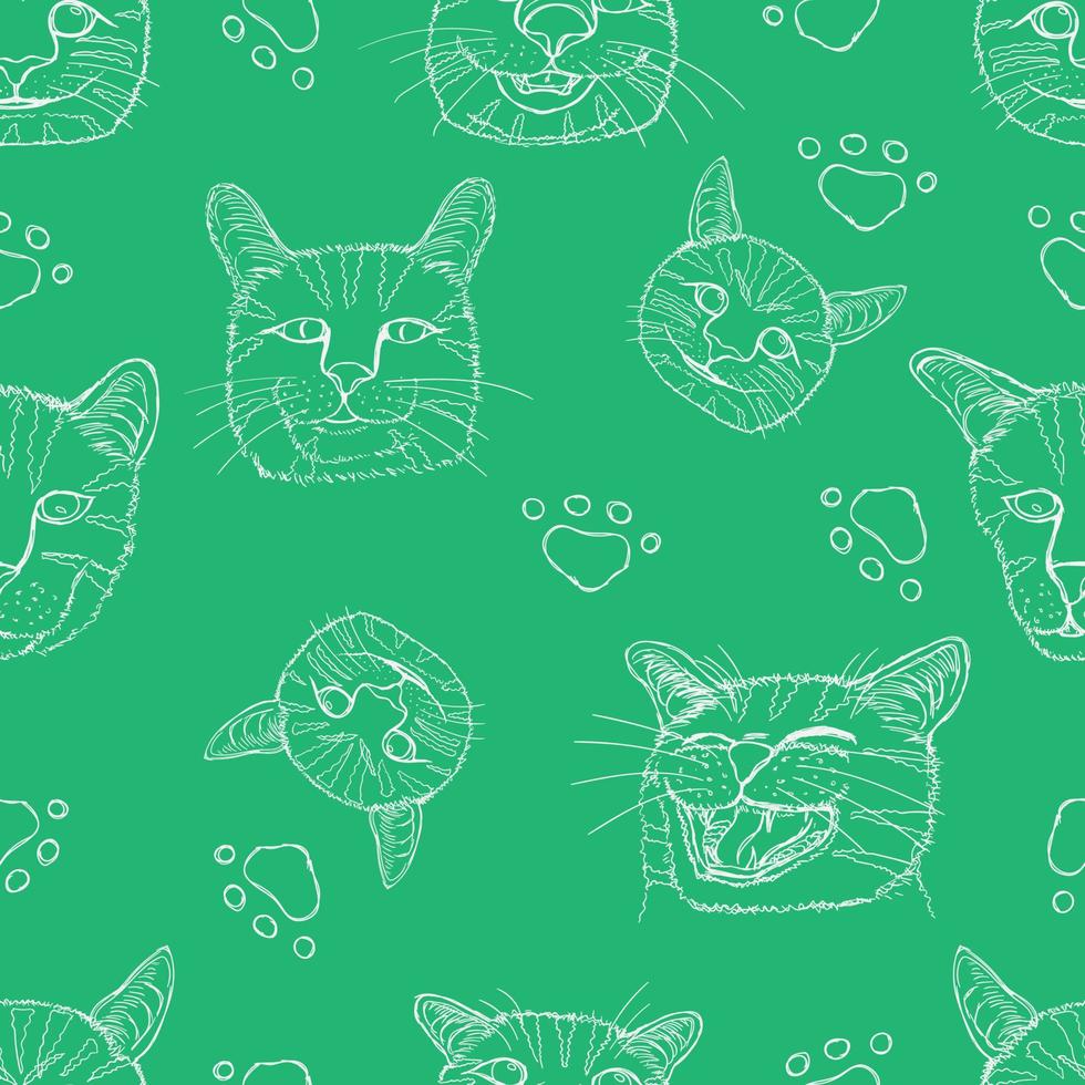 seamless pattern set line sketch of different element cute cat head and footprint. vector illustration eps10