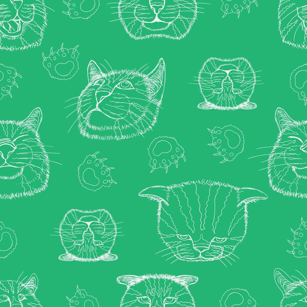 seamless pattern set line sketch of different element cat head funny and cute emotion and footprint. vector illustration eps10