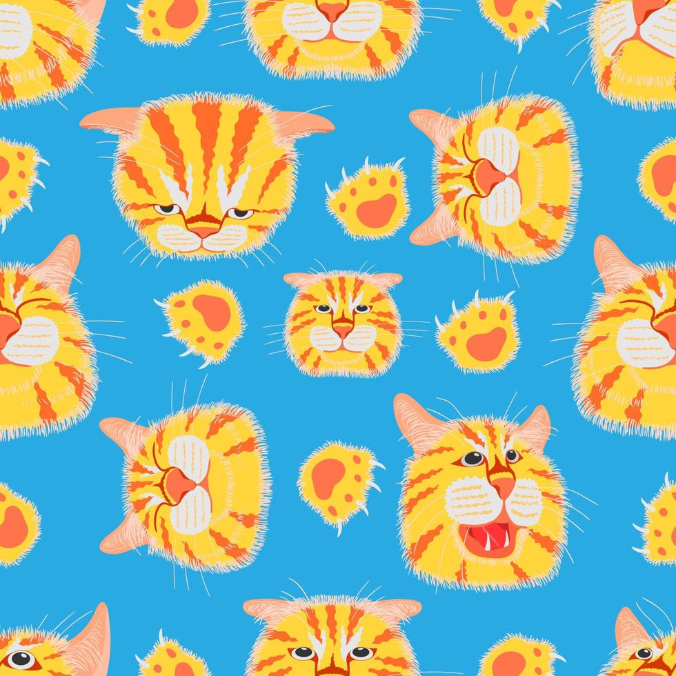 seamless pattern set of different element cat head funny and cute emotion and footprint. vector illustration eps10