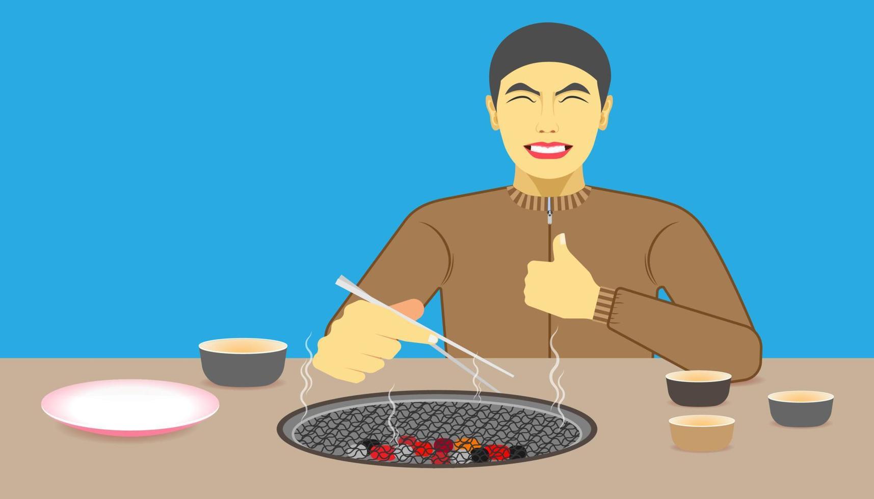 un hombre feliz mientras come la comida recomendada y actúa dando un me gusta en la mano izquierda y derecha sosteniendo los palillos. ilustración vectorial eps10 vector