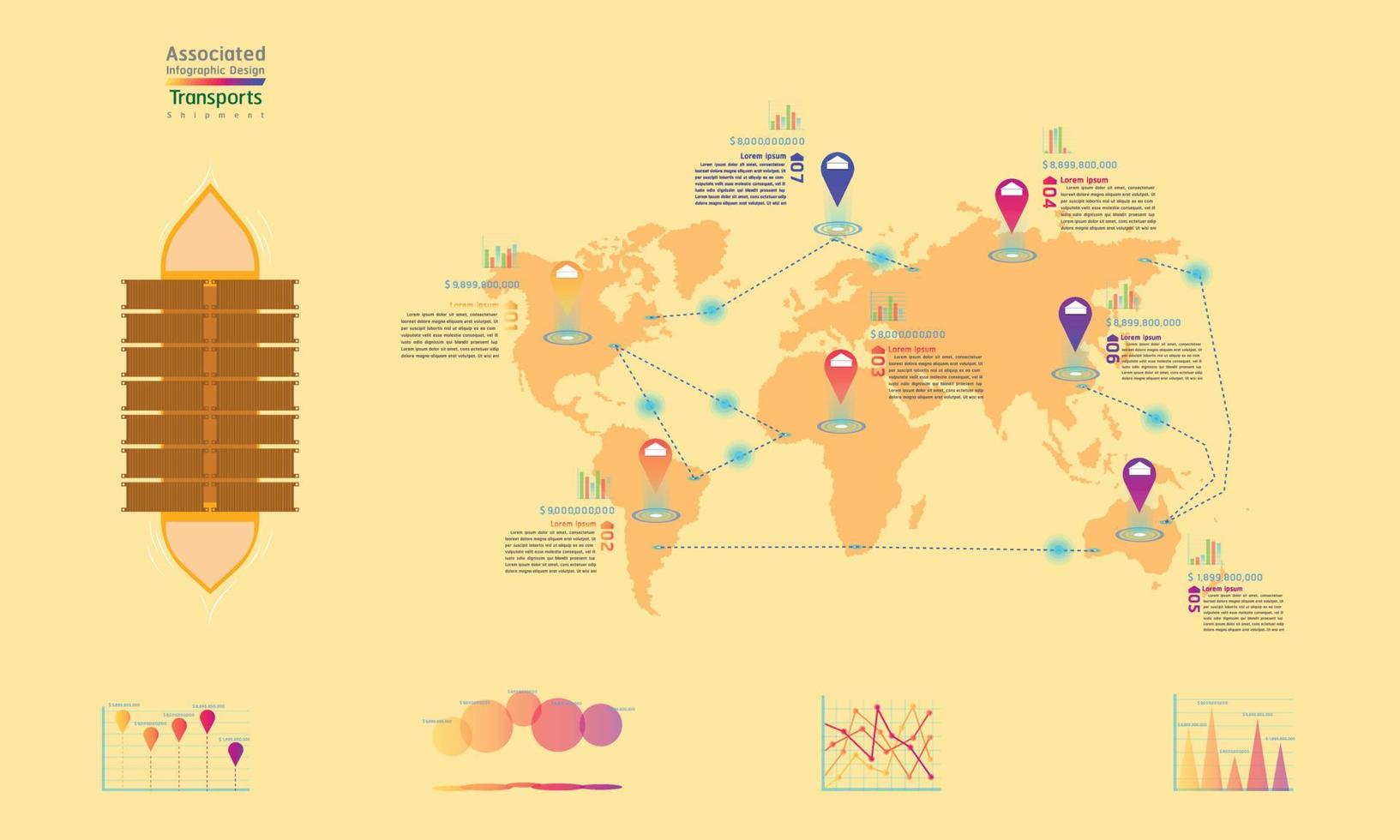 shipment transports associated company factory world map mark point infographic design with summary graph chart data egg tone vector illustration eps10