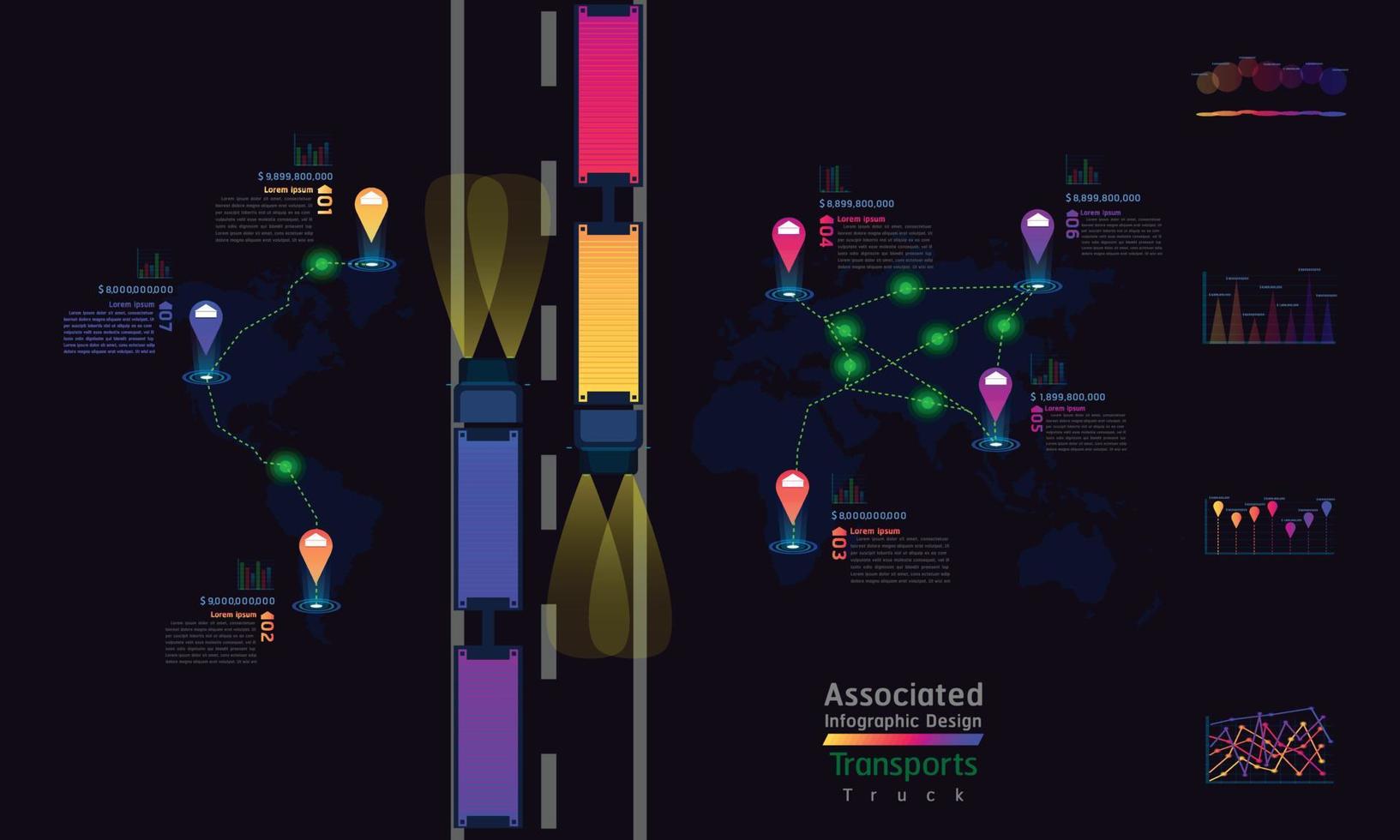 camión transporta empresa asociada fábrica mapa mundial punto de marca diseño infográfico con resumen gráfico gráfico datos vector ilustración eps10