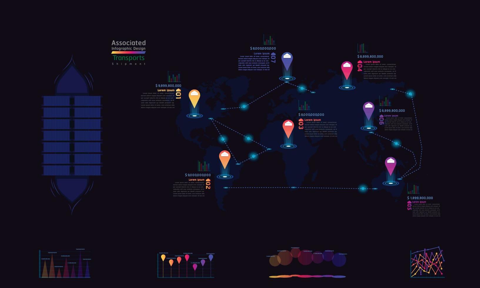 shipment transports associated company factory world map mark point infographic design with summary graph chart data vector illustration eps10