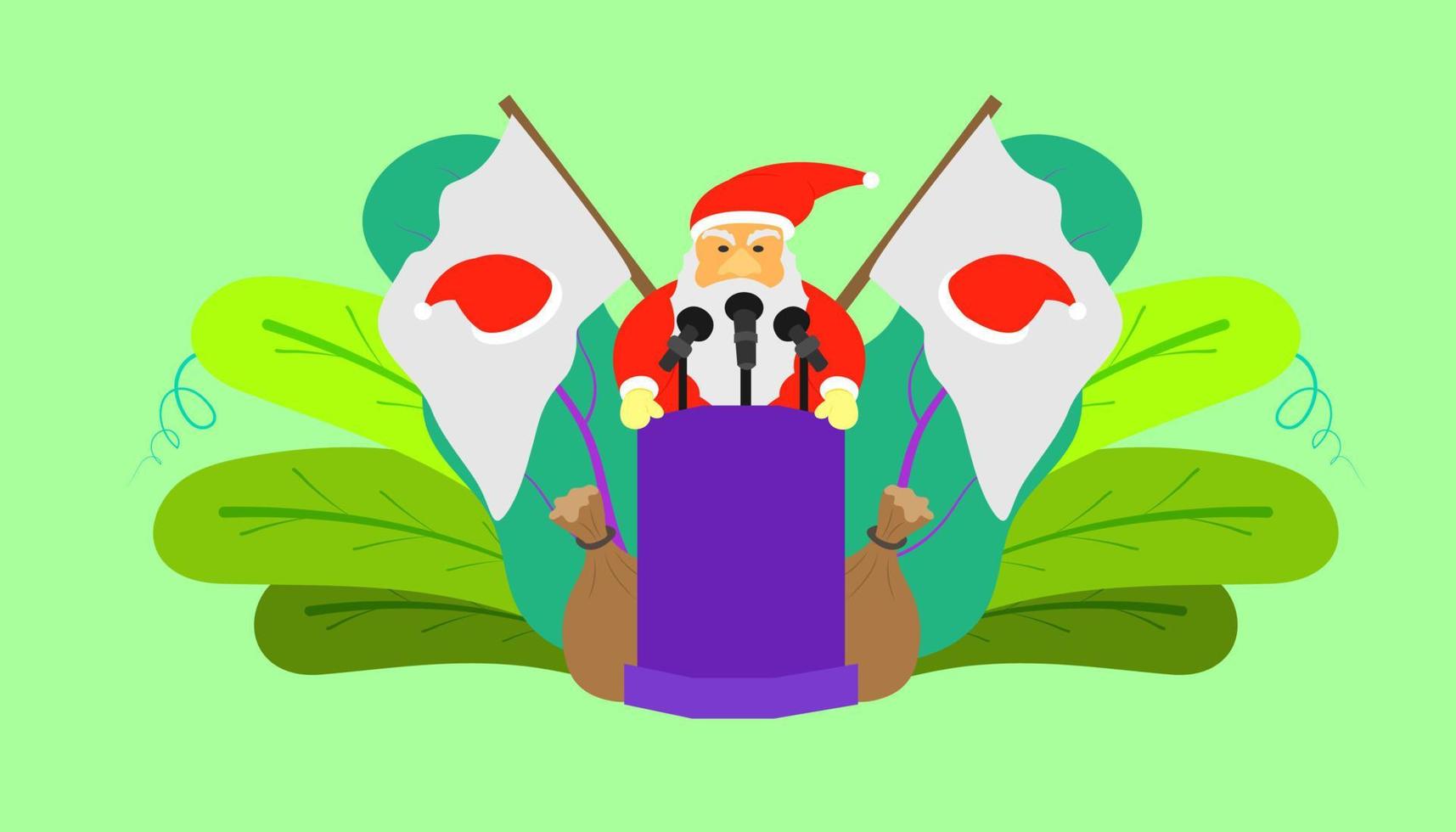 merry christmas boss is santa claus flat cartoon make a speech announcement on platform. leaf background. vector illustration eps10.