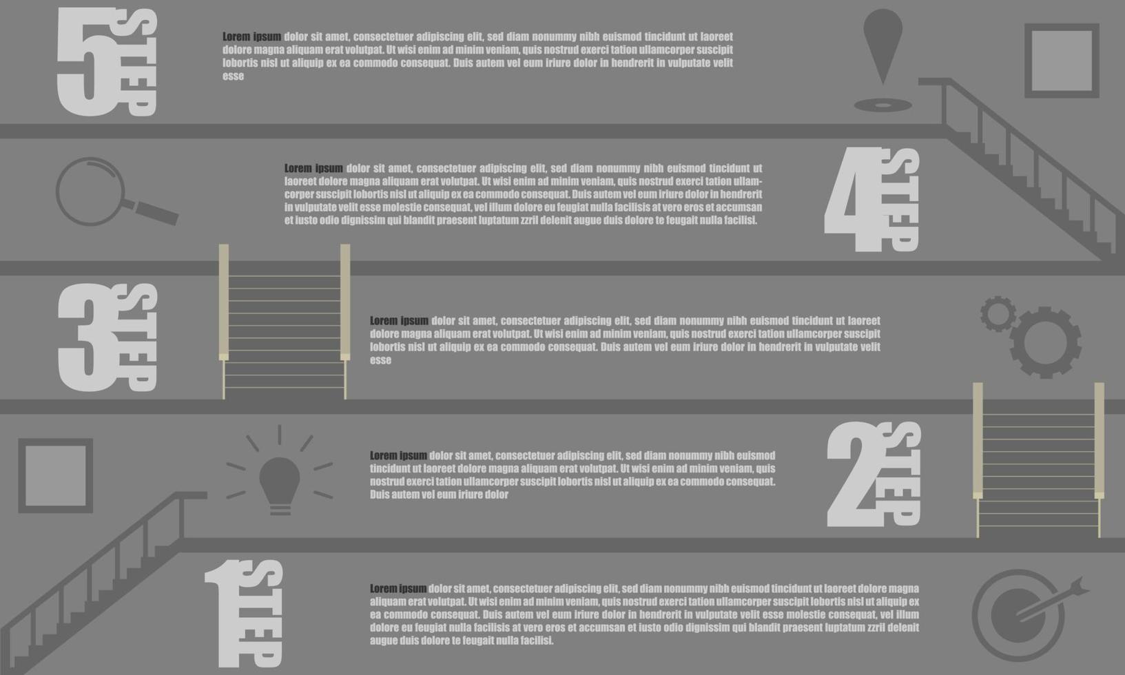 Escalón de 5 pisos con escalera de silueta e íconos de objetivo de punto de marca de vidrio de engranaje de pensamiento. ilustración vectorial eps10 vector