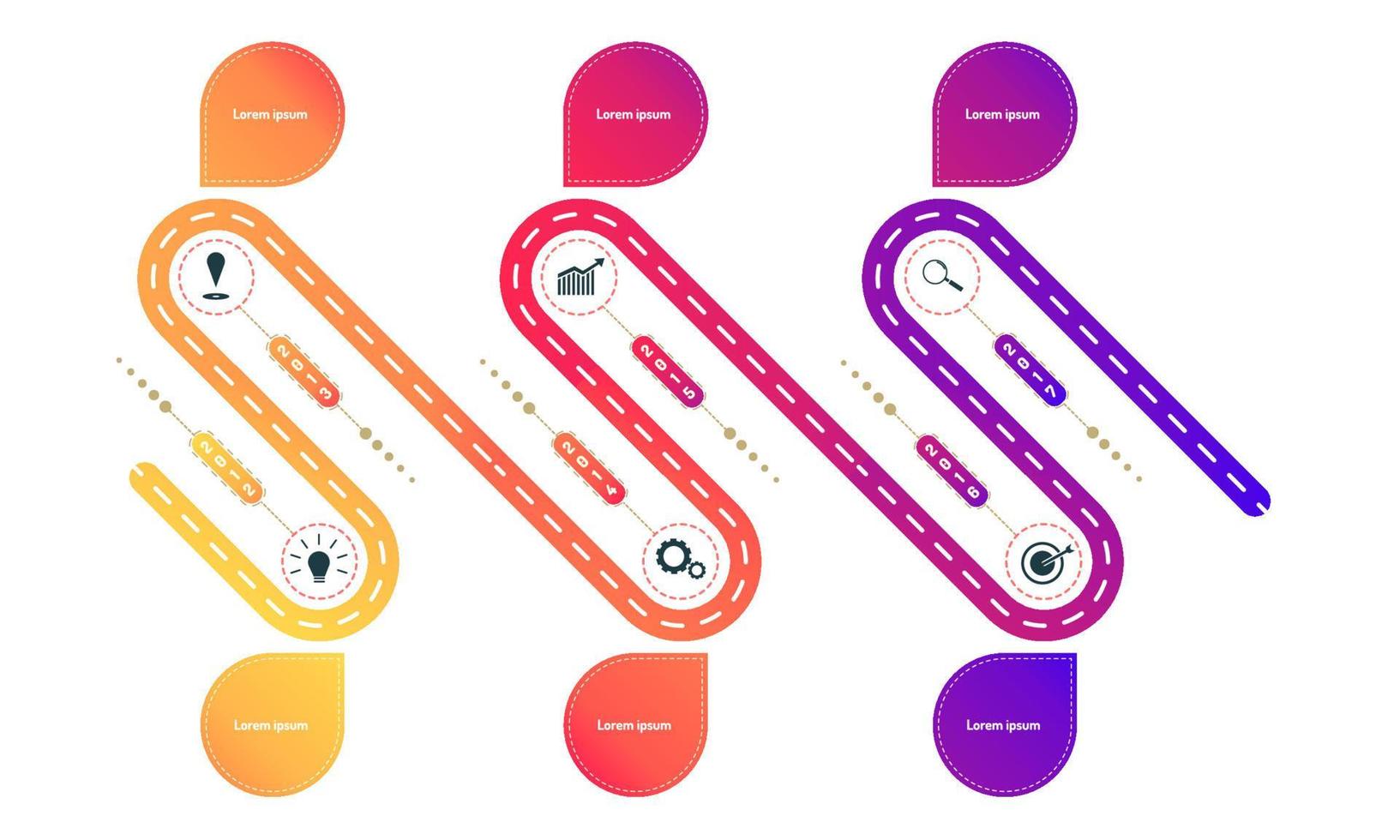 bevel way roadmap timeline elements with markpoint graph think search gear target icons. vector illustration eps10
