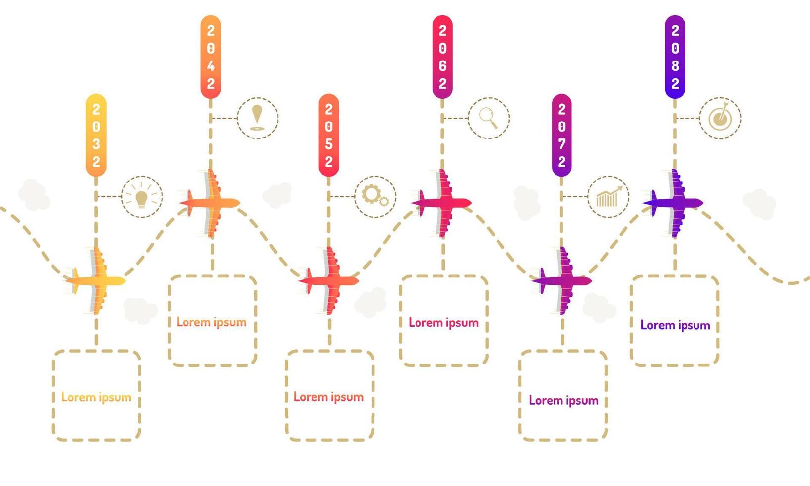 plane roadmap timeline elements with markpoint graph think search gear target icons. vector illustration eps10