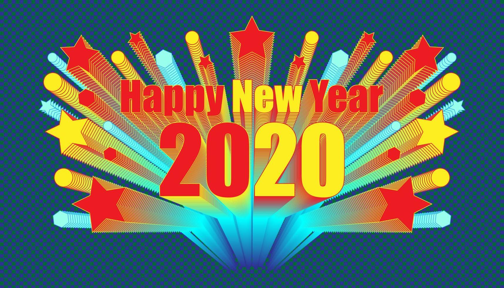 happy new year 2020 character around with star circle polygon object blend retro style.  plaid dark blue color background style. vector illustration eps10