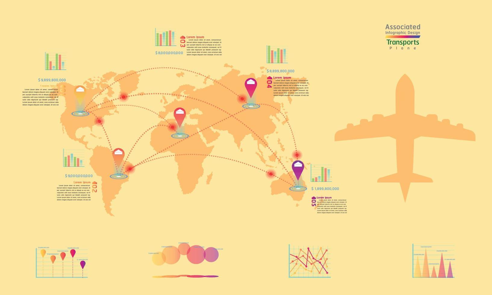 avión transporta empresa asociada fábrica mapa mundial punto marca diseño infográfico con resumen gráfico datos huevo tono vector ilustración eps10