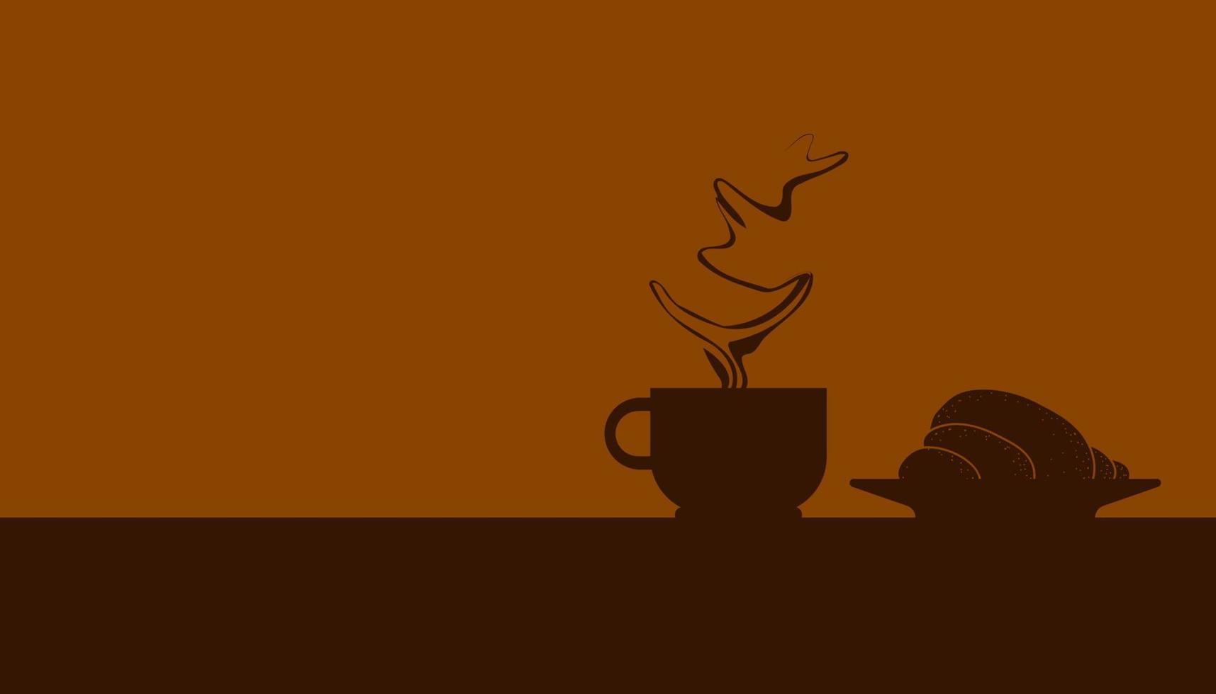 silhouette one coffee cup with beautiful smoke and one croissant. take a break with your favorite drink.  vector illustration eps10
