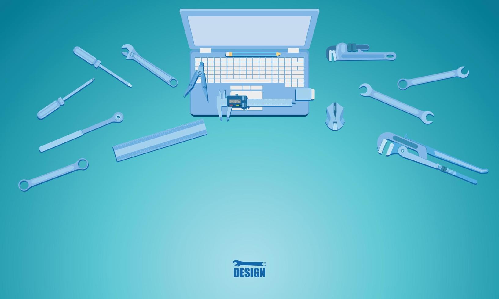 concepto de diseño de ingeniería vista superior alrededor con destornillador llave regla vernier caliper cheater bar ilustración vectorial EPS10 vector