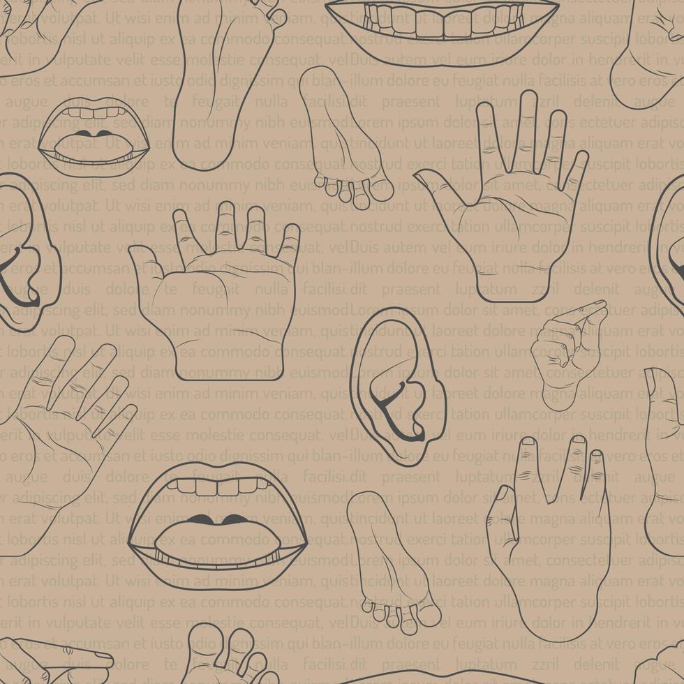 pattern seamless set of body parts is hand mouth ear foot. doodle hand drawing design style. vector illustration eps10