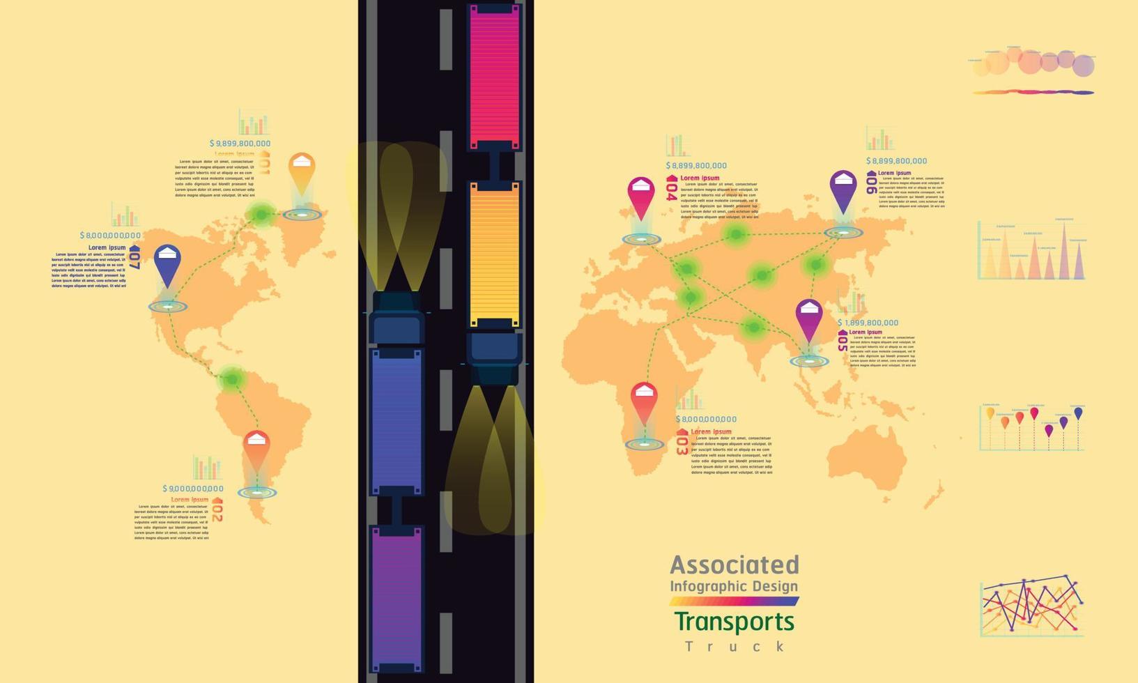 truck transports associated company factory world map mark point infographic design with summary graph chart data egg tone vector illustration eps10