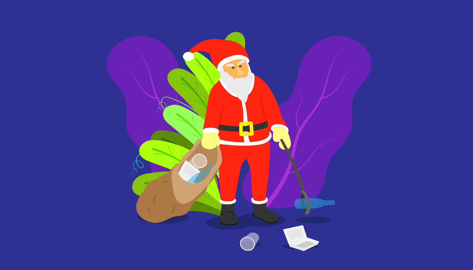 santa claus flat cartoon cleaning keeping the trash on merry christmas