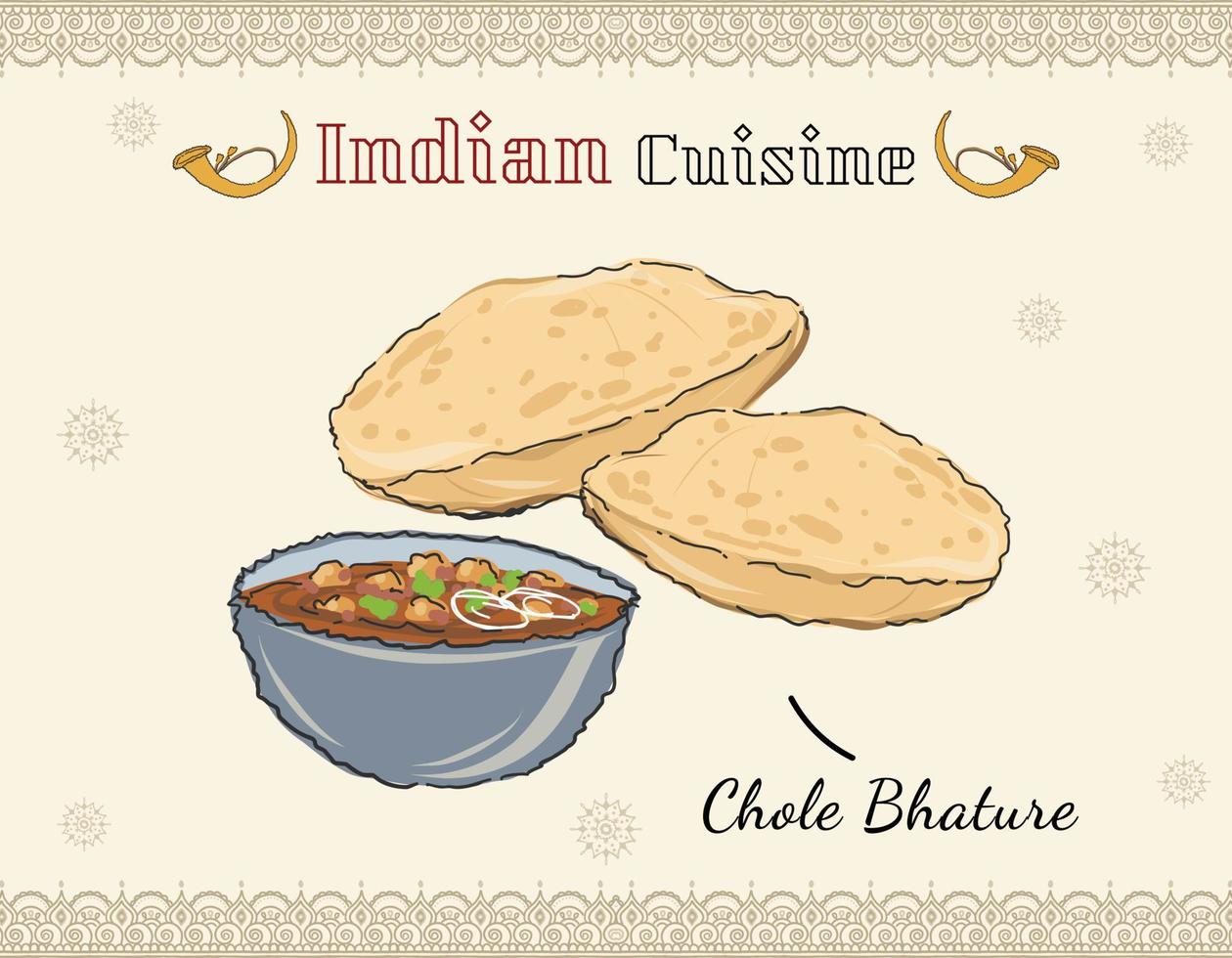 Illustration Indian cuisine. Chole Bhature or Chick pea curry and Fried Puri  served in terracotta crockery. Indian cuisine isolated dish colored vector  doodle. 5477708 Vector Art at Vecteezy
