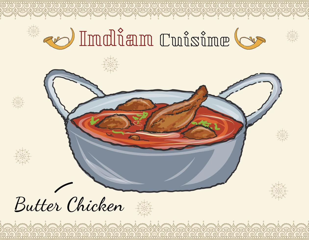 Traditional Indian food, meat in spiced tomato sauce. Indian food of chicken butter with Nan bread and lemon slice. Restaurant or Dhaba Menu Illustration. vector