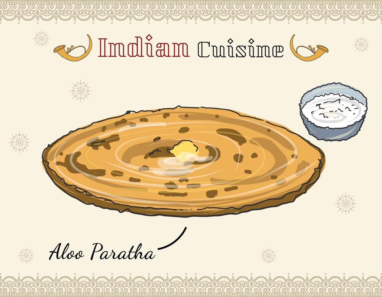 Northern Indian cuisine. Indian dish doodle styled cuisine, Aloo Paratha with curd. Indian Potato stuffed Tandoori Naan vector