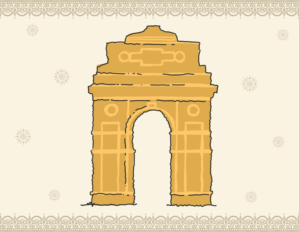 ilustración garabateada de la puerta india, famoso monumento alojado en el día de la república india. esquema de diseño de memorial de guerra edificio ilustración vectorial. viajes y turismo en delhi. vector