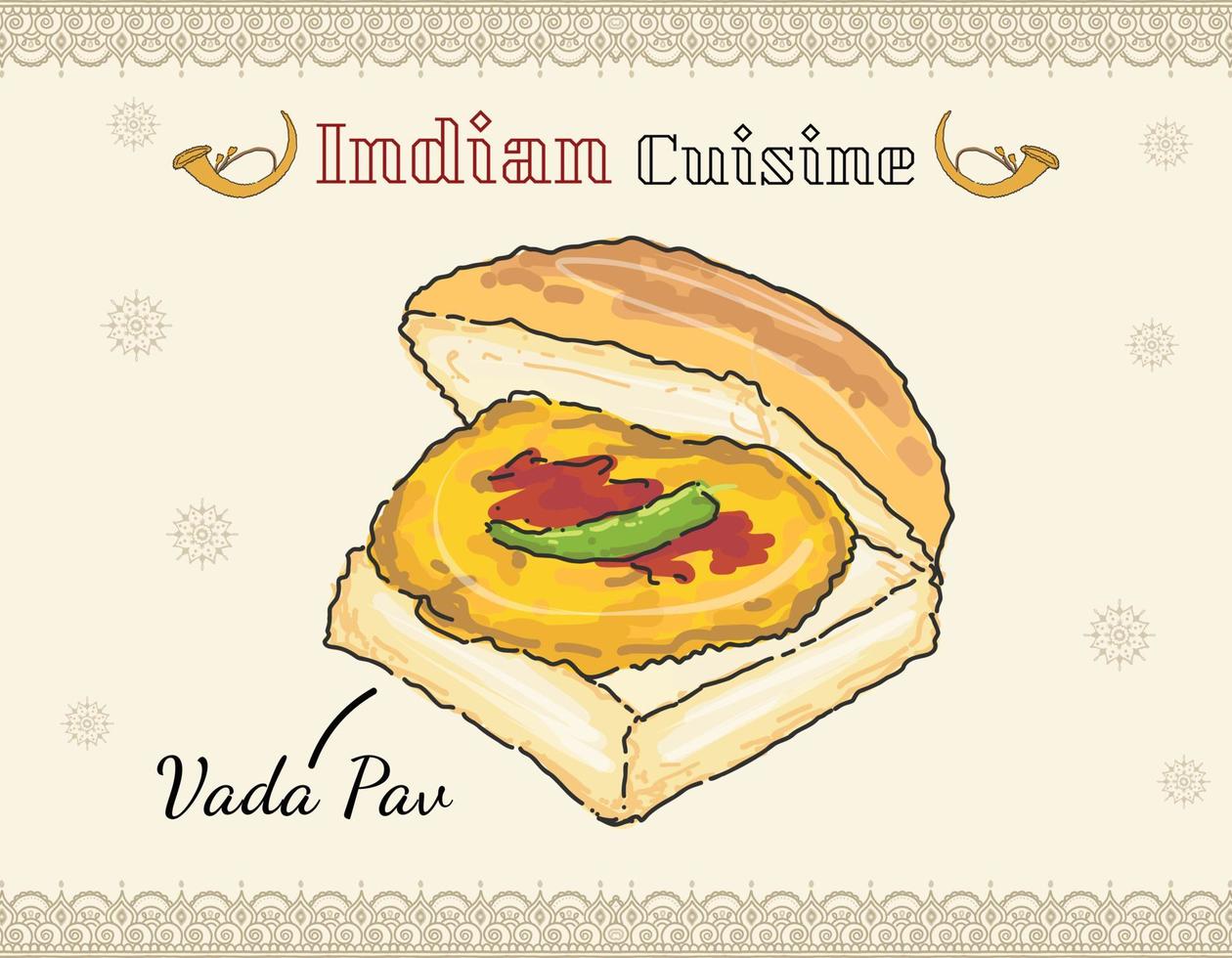 Vada pav vegetarian sandwich fast food dish fried potato dumpling in bun Indian isolated dish colored vector doodle