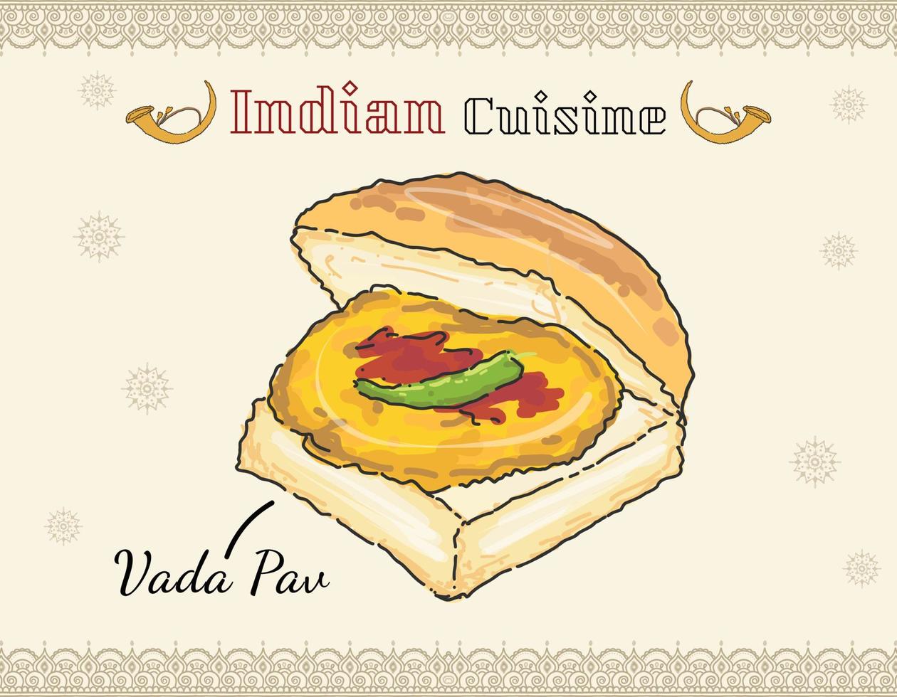 vada pav sándwich vegetariano plato de comida rápida patata frita bola de masa hervida en bollo plato indio aislado garabato vectorial de color vector