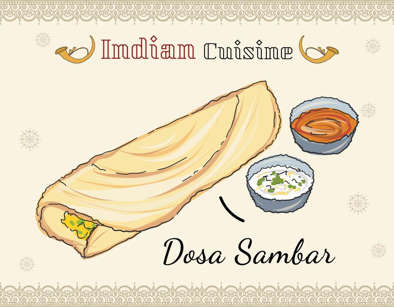 paper masala dosa, comida tradicional del sur de la india servida con sambhar y chutney de coco. comida tradicional del sur de la india. vector