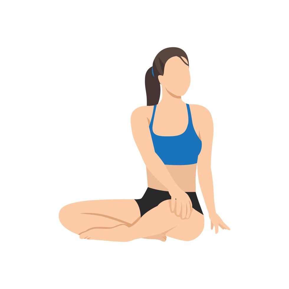 Woman doing seated spinal twist pose parivrtta sukhasana exercise. Flat vector illustration isolated on white background