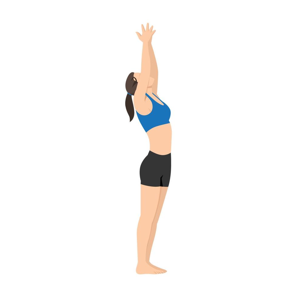 mujer haciendo ejercicio de urdhva hastasana pose de saludo hacia arriba. ilustración vectorial plana aislada sobre fondo blanco vector