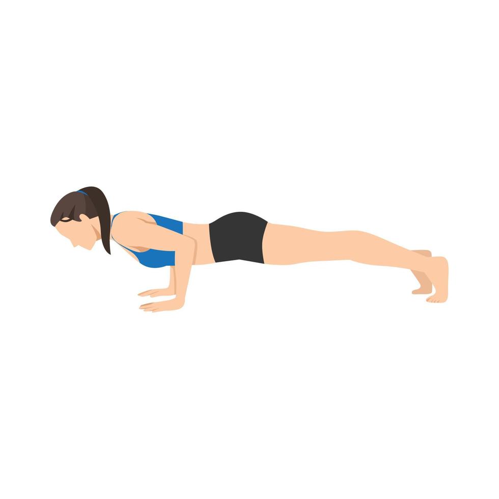 mujer haciendo ejercicio de tablón bajo pose chaturanga dandasana. ilustración vectorial plana aislada sobre fondo blanco vector