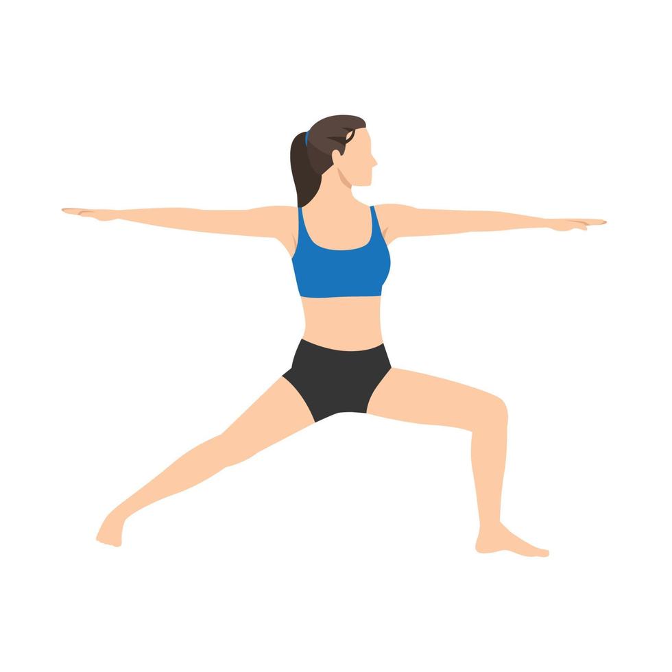 Woman doing warrior II pose virabhadrasana II exercise. Flat vector illustration isolated on white background