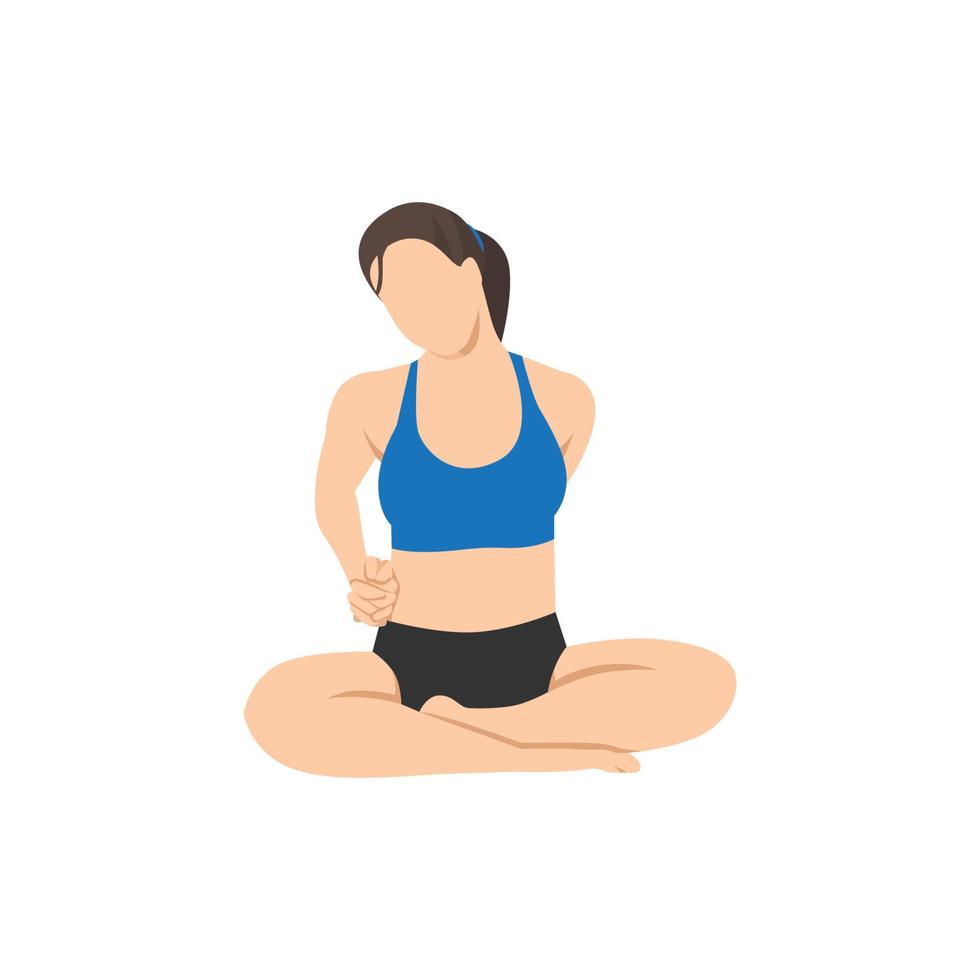 Woman doing easy pose with ear to shoulder stretch sukhasana exercise. Flat vector illustration isolated on white background