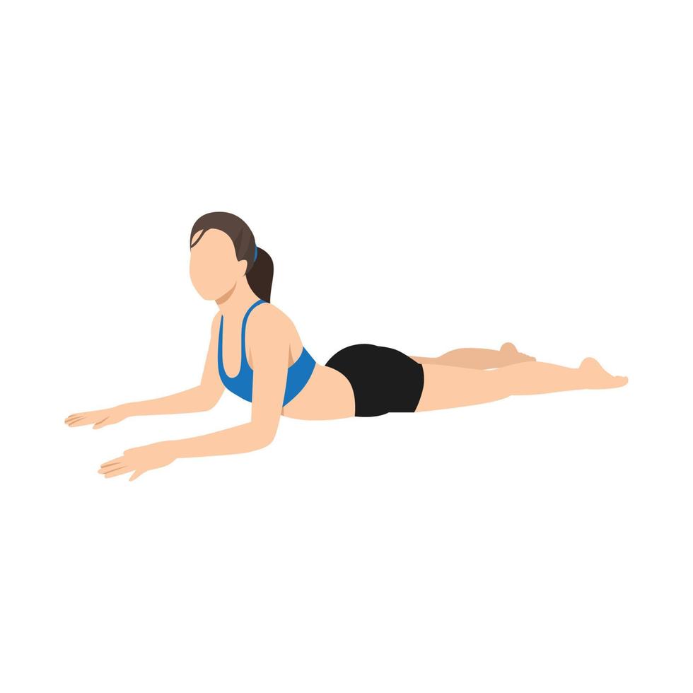 mujer haciendo ejercicio de pose de esfinge de salamba bhujangasana. ilustración vectorial plana aislada sobre fondo blanco vector