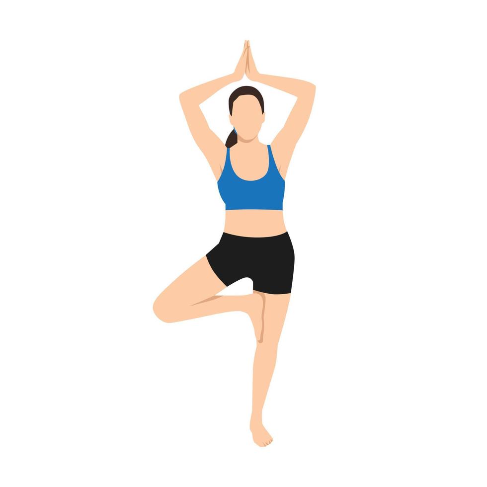 Woman doing tree pose vrksasana exercise. Flat vector illustration isolated on white background