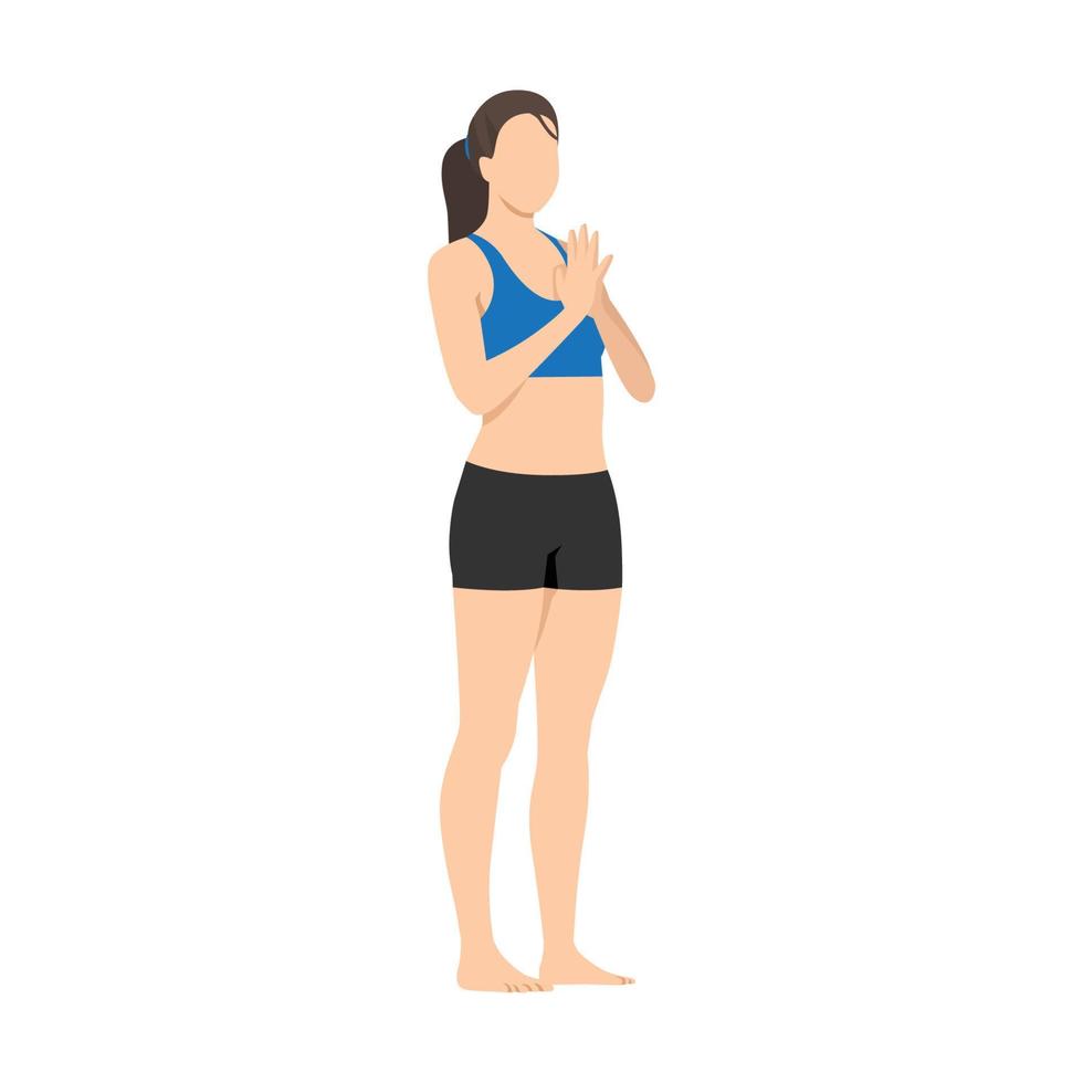 Woman doing mountain pose tadasana exercise. Flat vector illustration isolated on white background