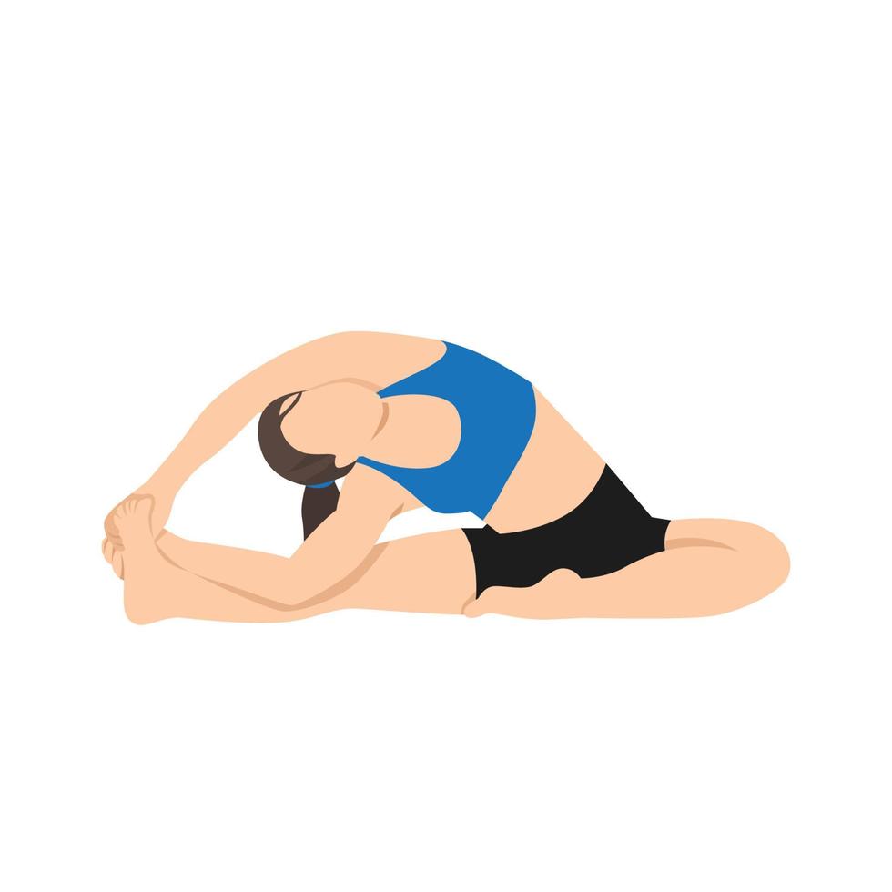 mujer haciendo girar la cabeza a la rodilla pose parivrtta janu sirsasana ejercicio. ilustración vectorial plana aislada sobre fondo blanco vector