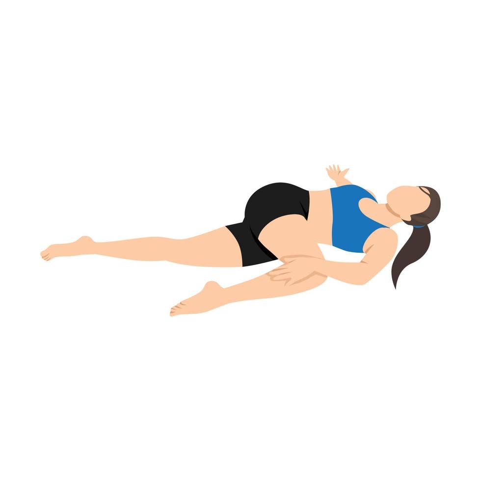 Woman doing supta matsyendrasana supine spinal twist pose exercise. Flat vector illustration isolated on white background