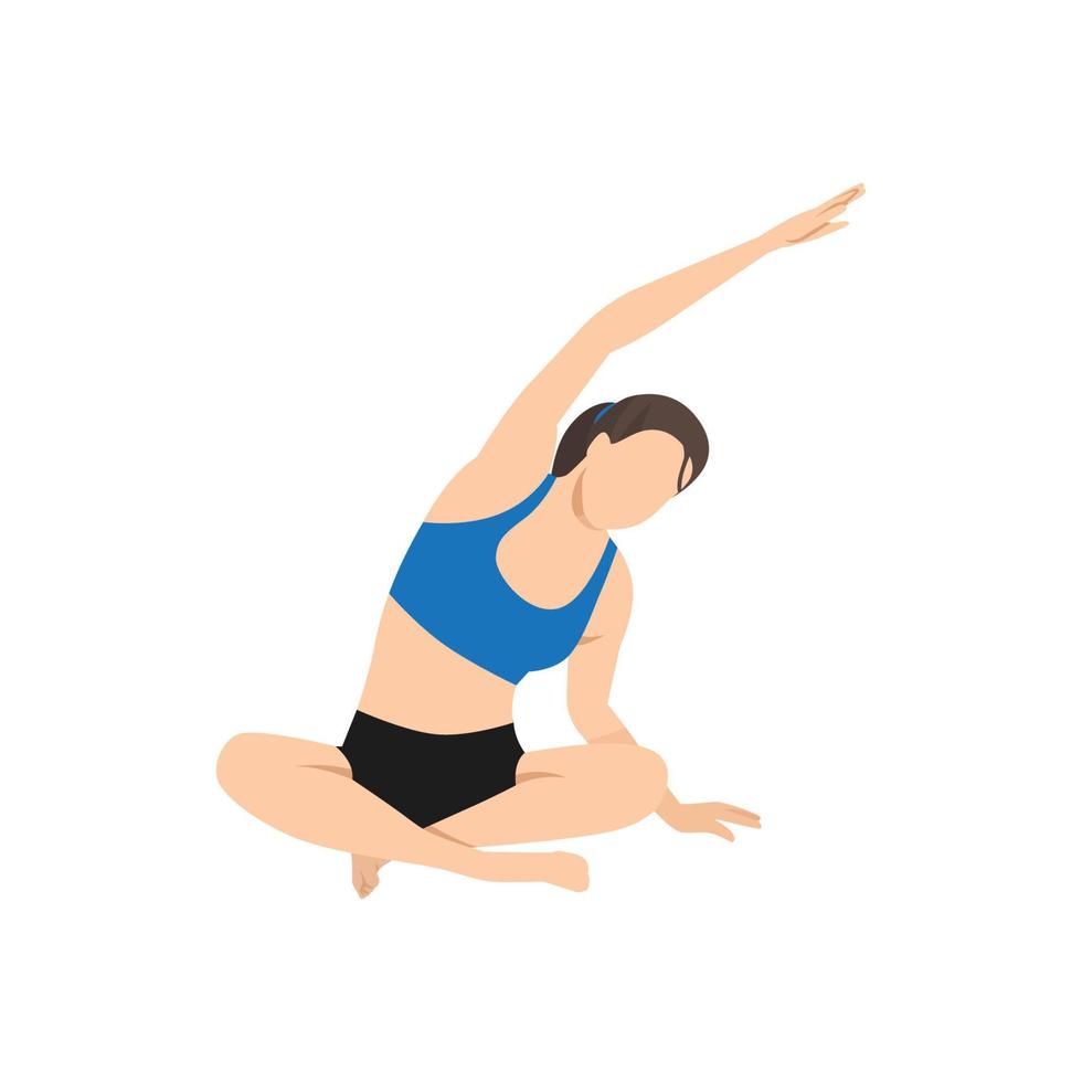 mujer haciendo ejercicios de parsva sukhasana con postura de flexión lateral sentada. ilustración vectorial plana aislada sobre fondo blanco vector