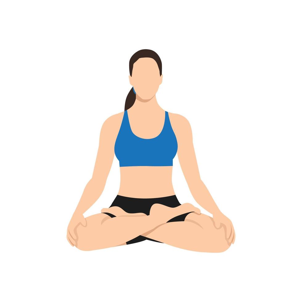 Woman doing lotus pose padmasana exercise. Flat vector illustration isolated on white background