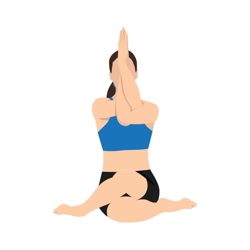 Woman doing cow face pose with eagle arms gomukhasana garudasana exercise. Flat vector illustration isolated on white background