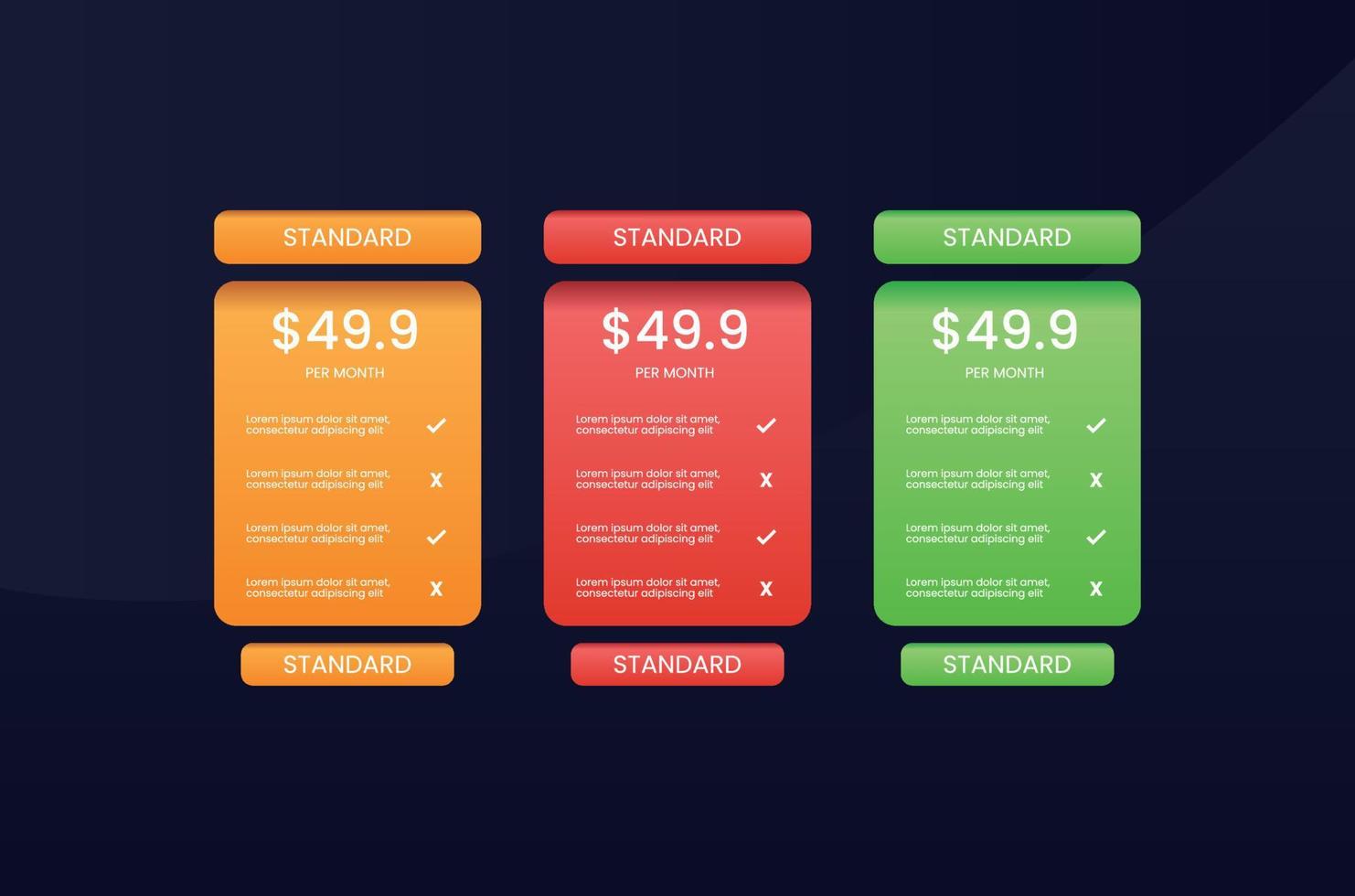 pricing table template for website vector