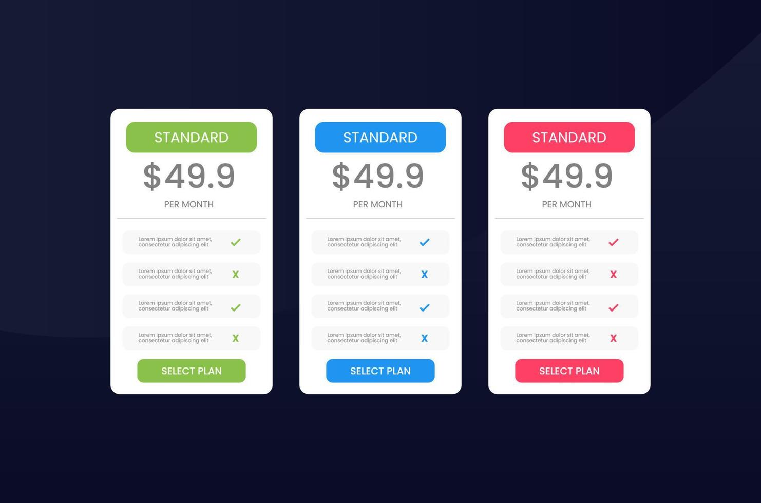 pricing table template for website vector