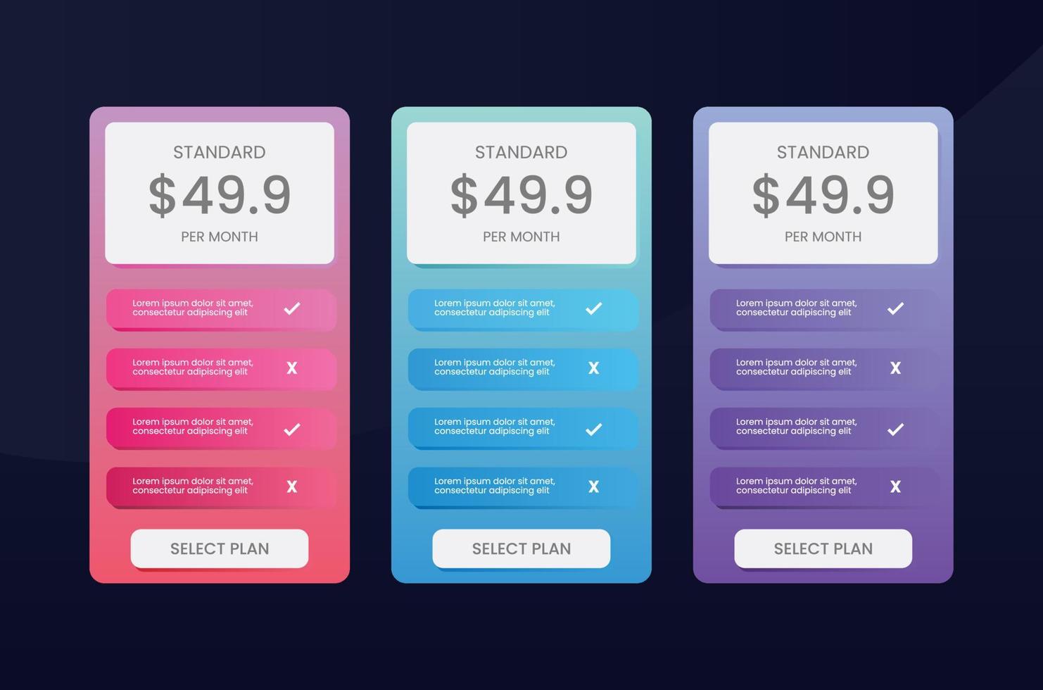 pricing table template for website vector