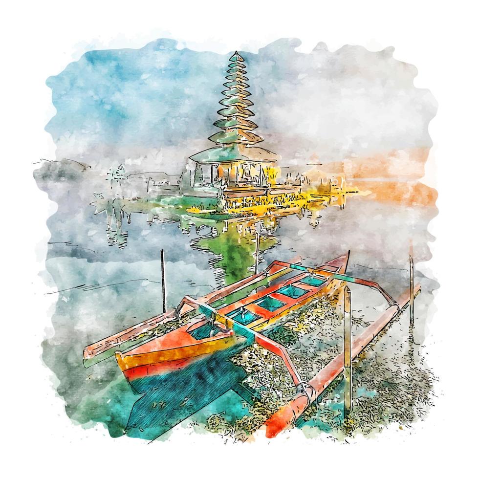 Bali Indonesia Watercolor sketch hand drawn illustration vector