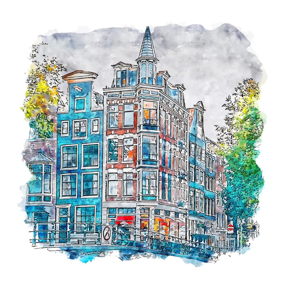 Amsterdam Netherlands Watercolor sketch hand drawn illustration vector